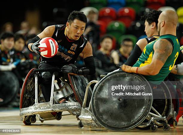 Yukinobu Ike of Japan during the 2015 BT World Wheelchair Rugby Challenge match between Australia and Japan at The Copper Box on October 13, 2015 in...