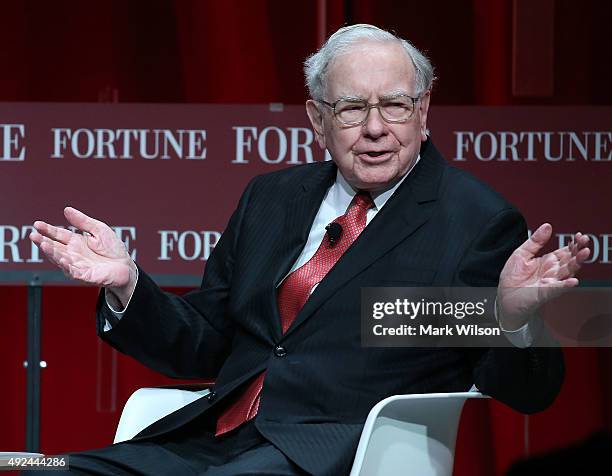 Warren Buffett, chairman and CEO of Berkshire Hathaway, speaks during the Fortune summit on "The Most Powerful Women" at the Mandarin Hotel October...