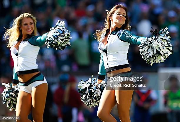 The Philadelphia Eagles cheerleaders perform during a game against the New Orleans Saints at Lincoln Financial Field on October 11, 2015 in...