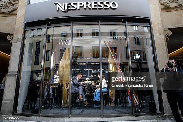 Heiner Lauterbach and Viktoria Lauterbach during the opening of the smallest pop-up cafe in town by NESPRESSO on October 13, 2015 in Munich, Germany.