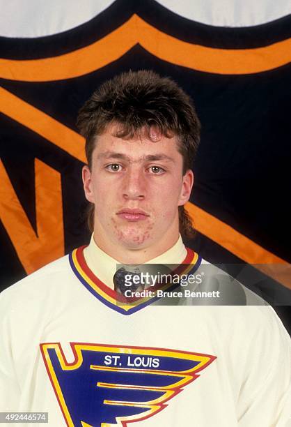 Rod Brind'Amour, 1st round and 9th overall pick, poses for a portrait after being drafted by the St. Louis Blues during the 1988 NHL Draft on June...