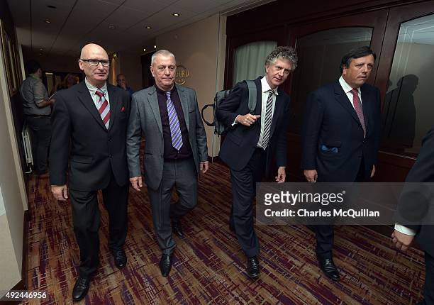 Billy Hutchinson , PUP leader, Jackie McDonald , former UDA leader, Jonathan Powell and David Campbell as they attended the launch of the Loyalist...