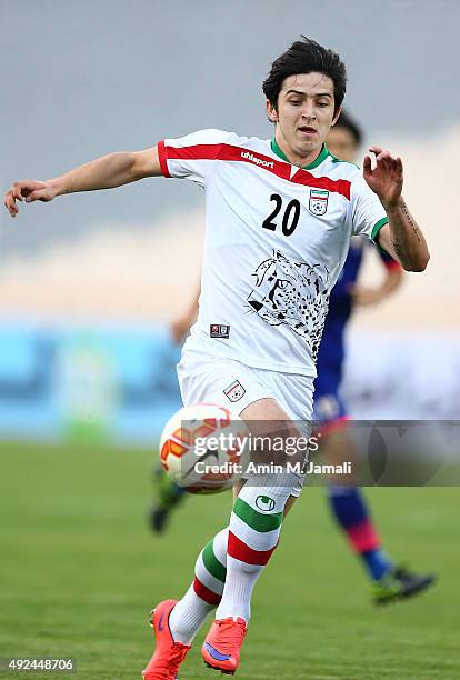 Sardar Azmoun in action during the international friendly match between Iran and Japan at Azadi Stadium on October 13, 2015 in Tehran, Iran.