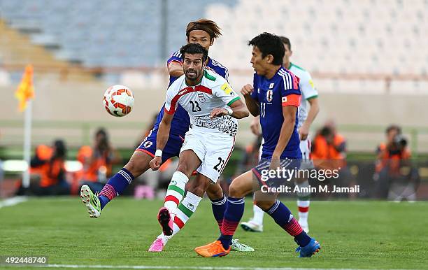 Ramin Rezaeian in action during the international friendly match between Iran and Japan at Azadi Stadium on October 13, 2015 in Tehran, Iran.