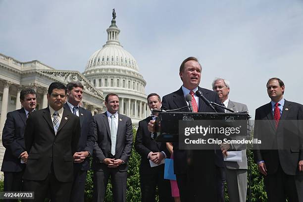 Rep. Mick Mulvaney speaks during a news conference with a bipartisan group of House members outside the U.S. Capitol May 20, 2014 in Washington, DC....