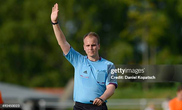 Referee Robin Siegl reacts during the international friendly U15 match between Germany and Netherlands on May 20, 2014 in Weingarten, Germany.