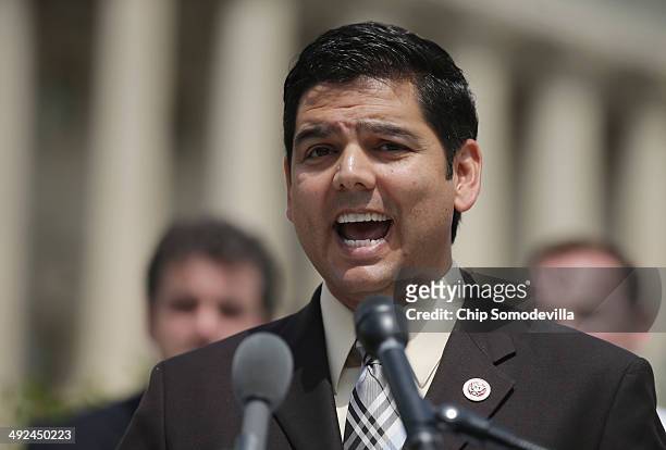 Rep. Raul Ruiz speaks during a news conference with a bipartisan group of House members outside the U.S. Capitol May 20, 2014 in Washington, DC. U.S....