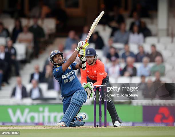 Dinesh Chandimal of Sri Lanka hits out during NatWest T20 International match between England and Sri Lanka at The Kia Oval on May 20, 2014 in...