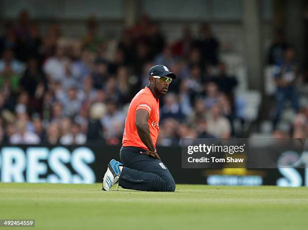 Michael Carberry of England looks on after dropping a catch during NatWest T20 International match between England and Sri Lanka at The Kia Oval on...