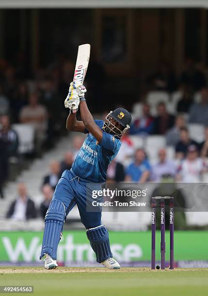 Thisara Perera of Sri Lanka hits out during NatWest T20 International match between England and Sri Lanka at The Kia Oval on May 20, 2014 in London,...