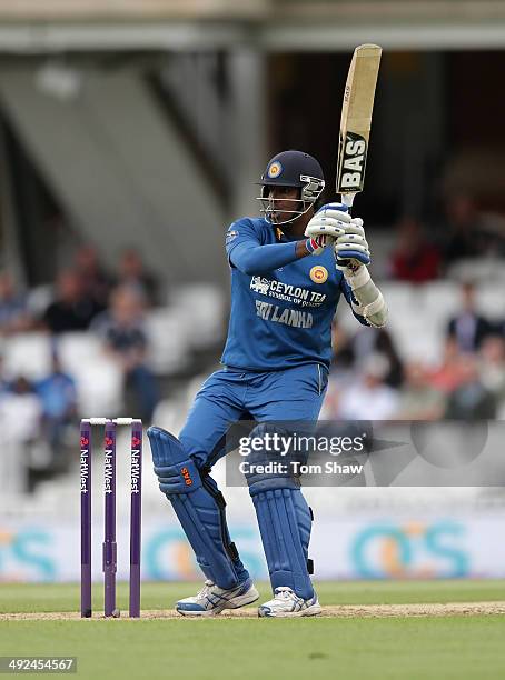 Thisara Perera of Sri Lanka hits out during NatWest T20 International match between England and Sri Lanka at The Kia Oval on May 20, 2014 in London,...