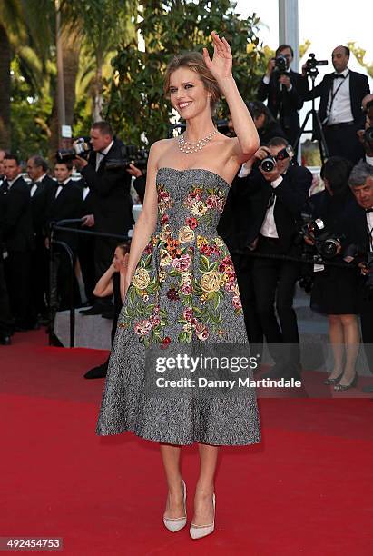 Eva Herzigova waves to fans at the "Two Days, One Night" Premiere at the 67th Annual Cannes Film Festival on May 20, 2014 in Cannes, France.