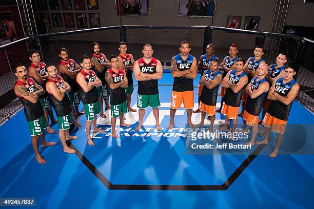 Team Velasquez and Team Werdum pose for a group portrait inside the Octagon on media day during filming of The Ultimate Fighter Latin America on May...