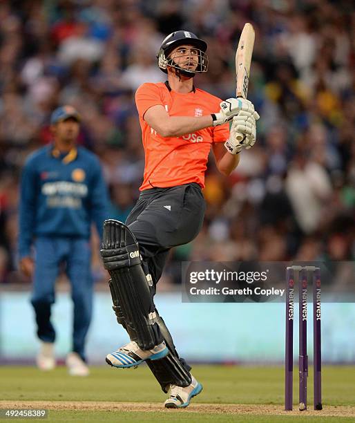 Alex Hales of England bats during the NatWest International T20 match between England and Sri Lanka at The Kia Oval on May 20, 2014 in London,...