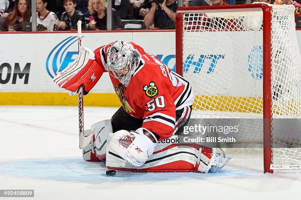 Goalie Corey Crawford of the Chicago Blackhawks guards the net in Game Five of the Second Round of the 2014 Stanley Cup Playoffs against the...