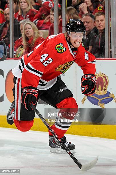Joakim Nordstrom of the Chicago Blackhawks skates in Game Five of the Second Round of the 2014 Stanley Cup Playoffs against the Minnesota Wild at the...