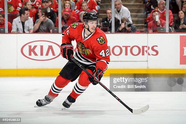 Joakim Nordstrom of the Chicago Blackhawks looks up the ice in Game Five of the Second Round of the 2014 Stanley Cup Playoffs against the Minnesota...