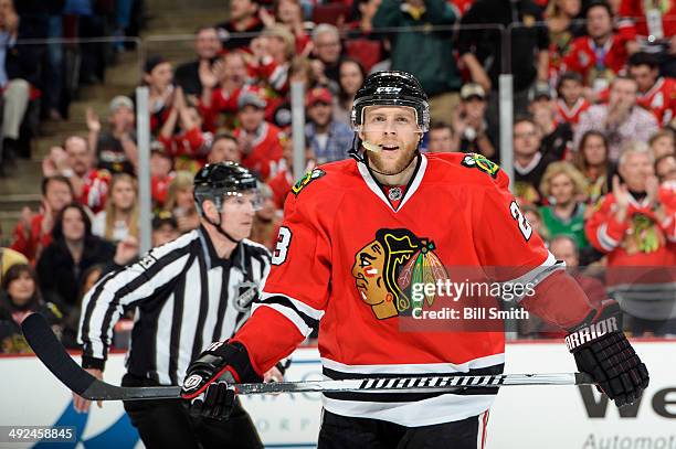 Kris Versteeg of the Chicago Blackhawks looks on in Game Five of the Second Round of the 2014 Stanley Cup Playoffs against the Minnesota Wild at the...