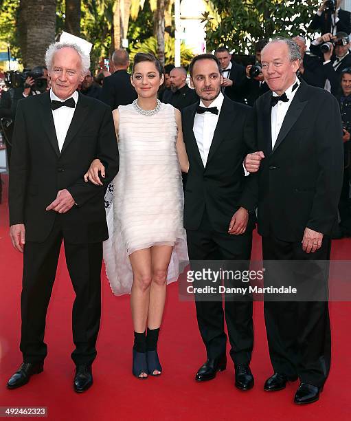 Director Luc Dardenne, actors Fabrizio Rongione, Marion Cotillard and director Jean-Pierre Dardenne attend the "Two Days, One Night" Premiere at the...