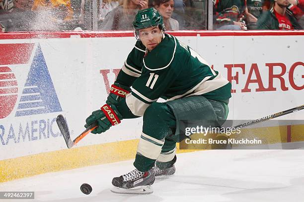 Zach Parise of the Minnesota Wild handles the puck against the Chicago Blackhawks during Game Six of the Second Round of the 2014 Stanley Cup...