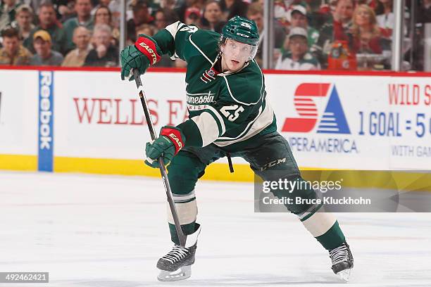 Jonas Brodin of the Minnesota Wild passes the puck against the Chicago Blackhawks during Game Six of the Second Round of the 2014 Stanley Cup...