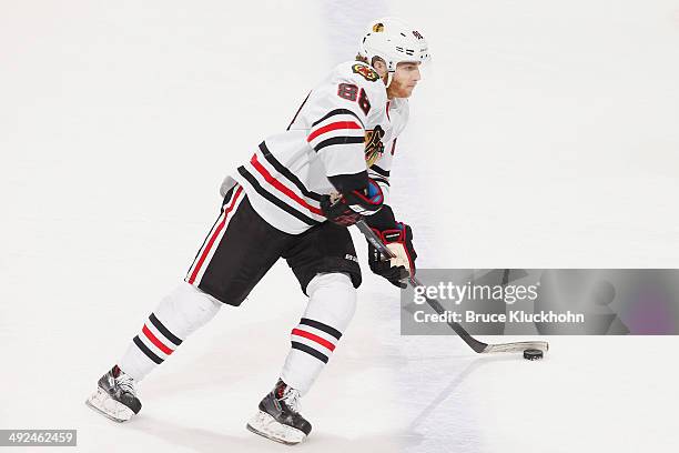 Patrick Kane of the Chicago Blackhawks skates with the puck against the Minnesota Wild during Game Six of the Second Round of the 2014 Stanley Cup...