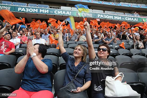 Shakhtar Donetsk employees, trainers, club's students attend the championship celebration for the Ukrainian Premier League 2013-2014 winner Shakhtar...
