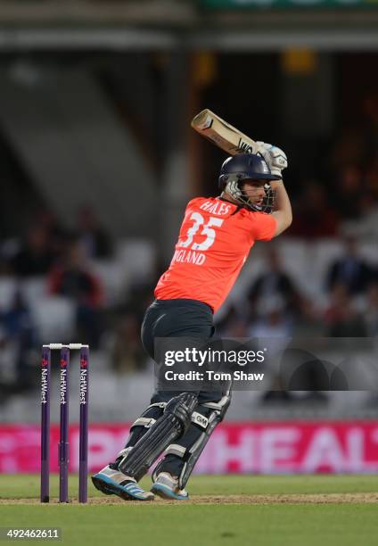 Alex Hales of England hits out during NatWest T20 International match between England and Sri Lanka at The Kia Oval on May 20, 2014 in London,...