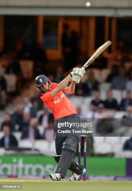 Alex Hales of England hits out during NatWest T20 International match between England and Sri Lanka at The Kia Oval on May 20, 2014 in London,...