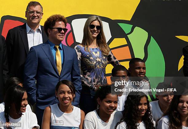 Romero Britto, Fernanda Lima and FIFA Secretary General, Jerome Valcke visit the Launch of the Fotball for Hope Festival on May 20, 2014 in Rio de...