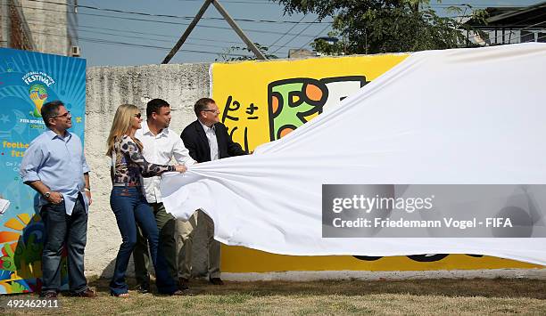 Fernanda Lima, Ronaldo, LOC Member and FIFA Secretary General, Jerome Valcke visit the Launch of the Fotball for Hope Festival on May 20, 2014 in Rio...