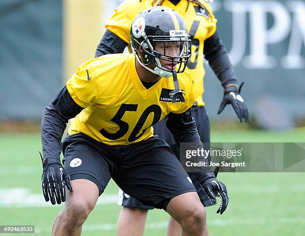 Ryan Shazier of the Pittsburgh Steelers participates in drills during rookie minicamp at the Pittsburgh Steelers Training Facility on May 16, 2014 in...