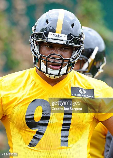 Stephon Truitt of the Pittsburgh Steelers participates in drills during rookie minicamp at the Pittsburgh Steelers Training Facility on May 16, 2014...