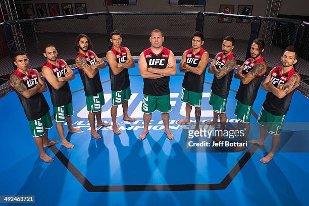 Team Velasquez poses for a group portrait inside the Octagon on media day during filming of The Ultimate Fighter Latin America on May 15, 2014 in Las...