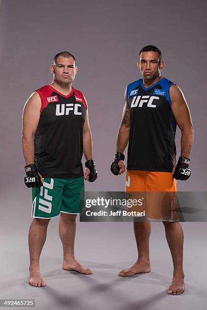 Coach Cain Velasquez and coach Fabricio Werdum pose for a portrait on media day during filming of The Ultimate Fighter Latin America on May 15, 2014...