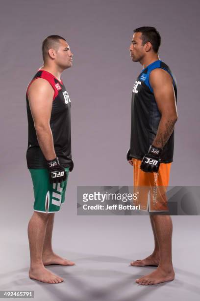 Coach Cain Velasquez and coach Fabricio Werdum pose for a portrait on media day during filming of The Ultimate Fighter Latin America on May 15, 2014...