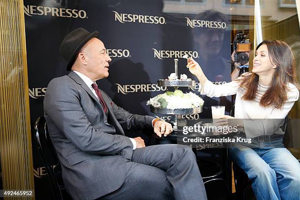 Heiner Lauterbach and Viktoria Lauterbach during the opening of the smallest pop-up cafe in town by NESPRESSO on October 13, 2015 in Munich, Germany.