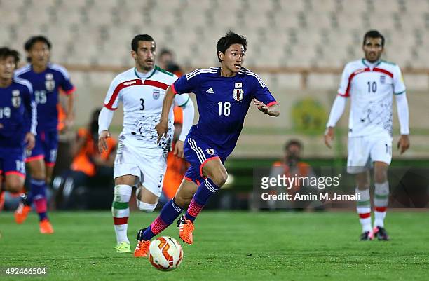 Minamino Takumi in action during the international friendly match between Iran and Japan at Azadi Stadium on October 13, 2015 in Tehran, Iran.