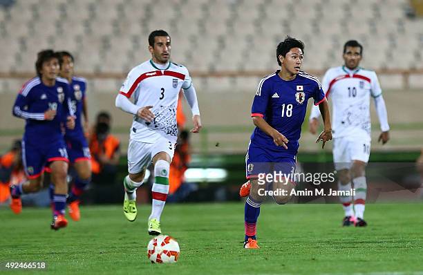 Minamino Takumi in action during the international friendly match between Iran and Japan at Azadi Stadium on October 13, 2015 in Tehran, Iran.