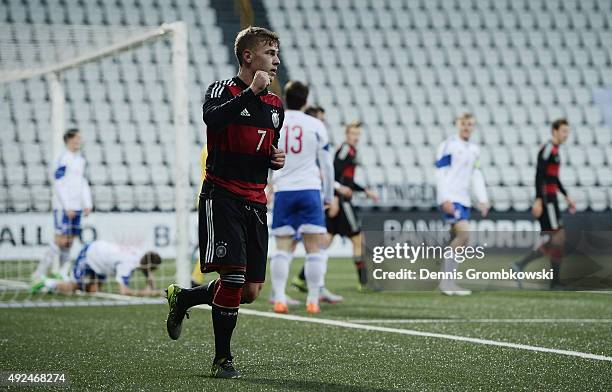 Max Meyer of Germany celebrates as he scores the third goal during the 2017 UEFA European U21 Championships Qualifier between U21 Faroe Islands and...