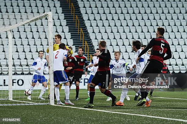 Max Meyer of Germany scores the third goal during the 2017 UEFA European U21 Championships Qualifier between U21 Faroe Islands and U21 Germany at...