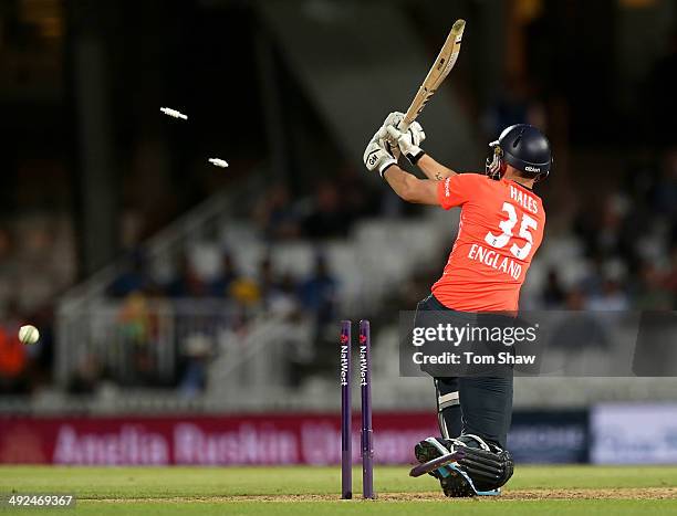 Alex Hales of England is bowled out during NatWest T20 International match between England and Sri Lanka at The Kia Oval on May 20, 2014 in London,...
