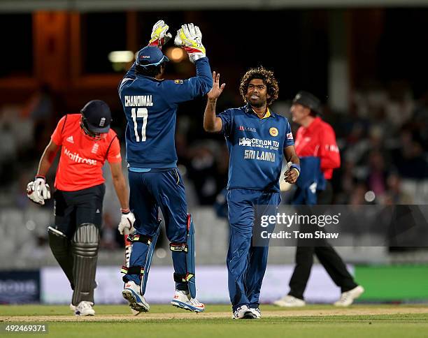 Lasith Malinga of Sri Lanka celebrates taking the wicket of Alex Hales of England during NatWest T20 International match between England and Sri...