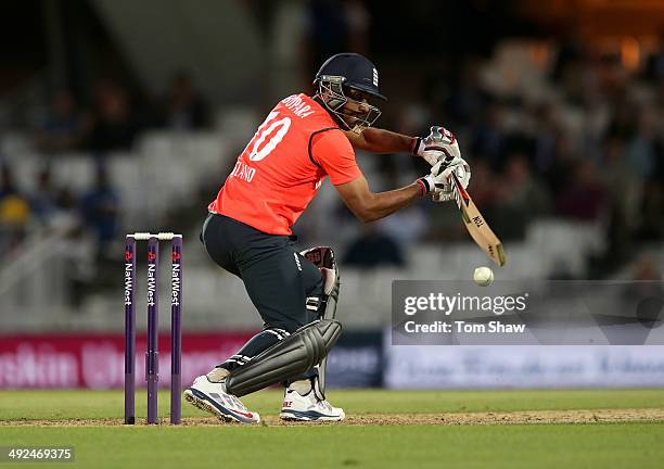 Ravi Bopara of England hits out during NatWest T20 International match between England and Sri Lanka at The Kia Oval on May 20, 2014 in London,...