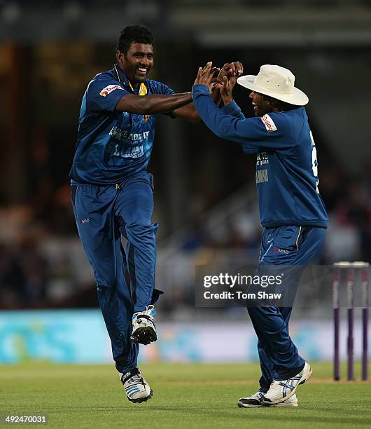 Thisara Perera of Sri Lanka celebrates taking the wicket of Eoin Morgan of England during NatWest T20 International match between England and Sri...