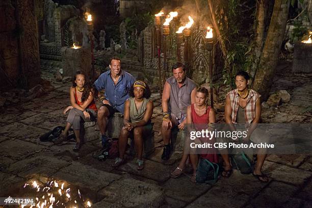 We Got A Rat" - Peih-Gee Law, Andrew Savage, Tasha Fox, Jeff Varner, Abi-Maria Gomes and Woo Hwang at Tribal Council during the third episode of...