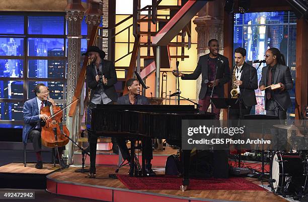 Cellist Yo-Yo Ma plays with Jon Batiste and Stay Human on The Late Show with Stephen Colbert, Monday Oct. 5, 2015 on the CBS Television Network.