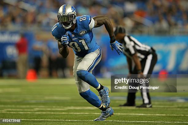 Wide receiver Calvin Johnson of the Detroit Lions leaves the line of scrimmage against the Denver Broncos at Ford Field on September 27, 2015 in...