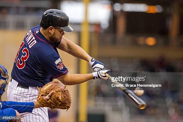 Josmil Pinto of the Minnesota Twins bats against the Los Angeles Dodgers on May 1, 2014 at Target Field in Minneapolis, Minnesota. The Dodgers...
