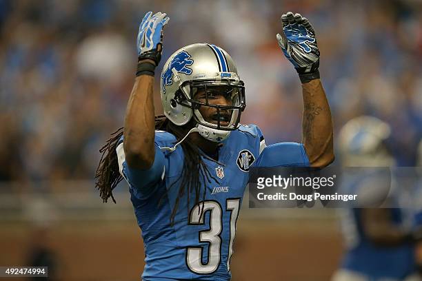 Cornerback Rashean Mathis of the Detroit Lions encourages the fans as they face the Denver Broncos at Ford Field on September 27, 2015 in Detroit,...